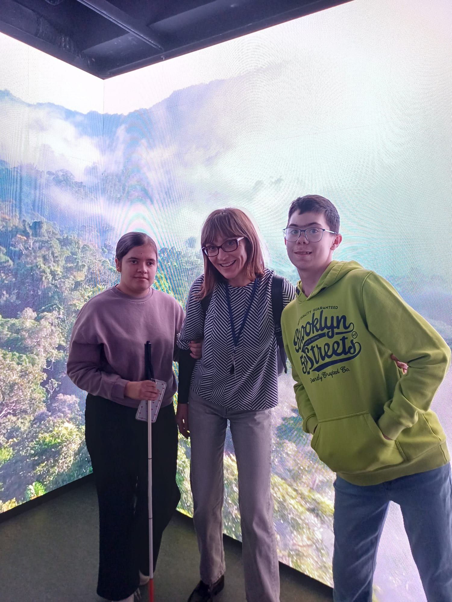 Učenica s bijelim štapom, odrasla žena i učenik u zelenoj hoodici stoje zagrljeni ispred velike svijetle projekcije prirodnog krajolika s brdima i šumom.