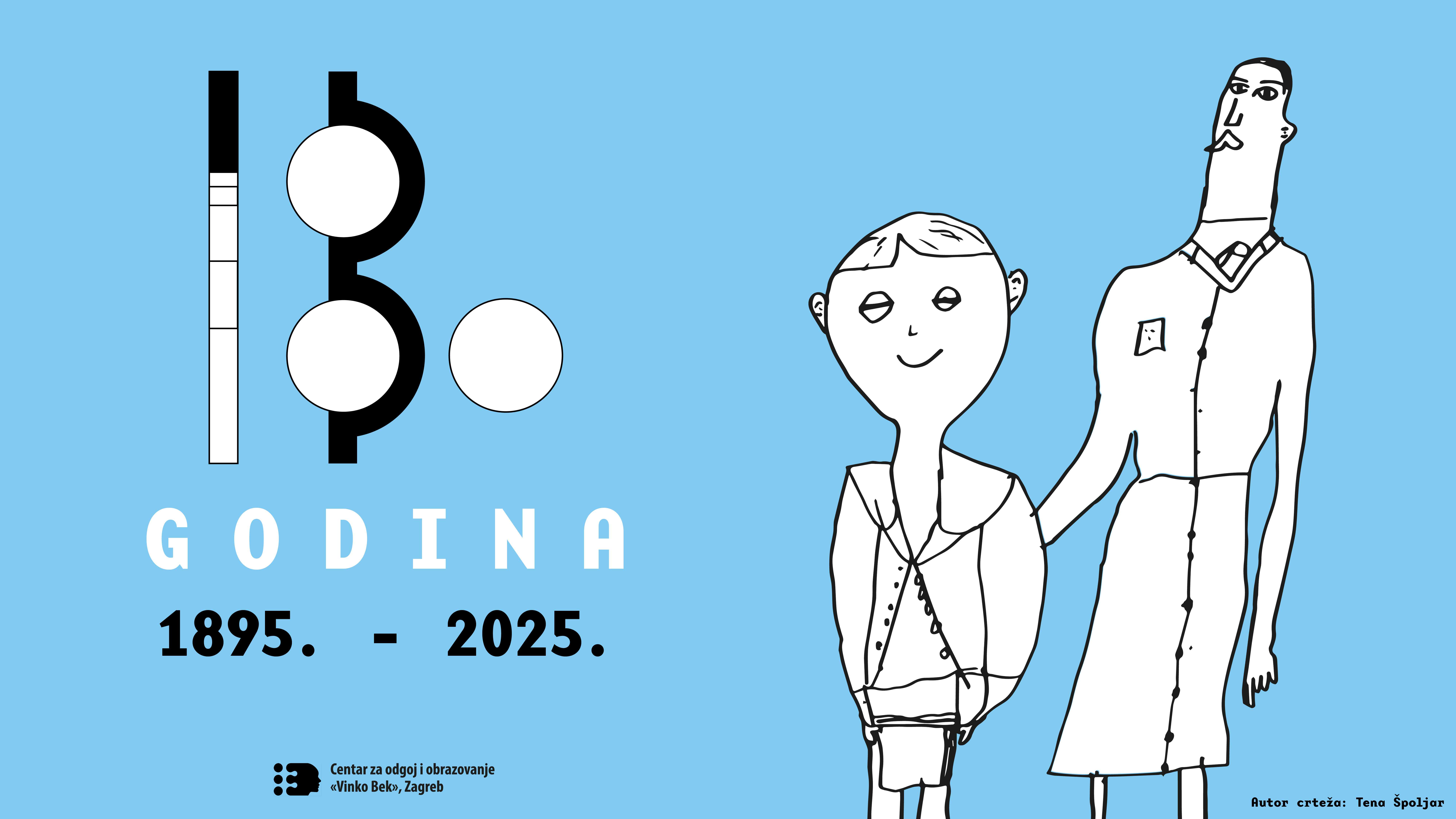 Na slici prevladava svijetloplava pozadina. Na lijevoj strani nalazi se veliki natpis 130, ali stiliziran i sastavljen od geometrijskih elemenata: Broj 1 je prikazan kao debela crna uspravna crta. U gornjem dijelu unutar nje su tri tanke horizontalne bijele crtice, nalik na brajične točke. Broj 3 oblikovan je od dvije crne polukružnice, postavljene jedna iznad druge. Između njih nalaze se dva bijela kruga koji ispunjavaju prostor i tvore apstraktan prikaz brojke 3. Broj 0 prikazan je kao samostalni bijeli krug, obrubljen tankom crnom linijom.  Ispod stiliziranog broja nalazi se natpis velikim bijelim slovima: GODINA  a ispod njega crnim slovima:  1895. – 2025. Na dnu, s lijeve strane, nalazi se crni logotip u obliku kombinacije brajičnih točaka i teksta. Pokraj logotipa piše: Centar za odgoj i obrazovanje "Vinko Bek", Zagreb Desna strana slike ispunjena je crtežom u jednostavnom, dječjem stilu, izvedenom tankim crnim linijama. Prikazane su dvije figure: Nasmiješeno dijete s čije se desne strane nalazi odrasla osoba koja mu stavlja ruku na rame.  U donjem desnom kutu sitnim crnim slovima piše: Autor crteža: Tena Špoljar